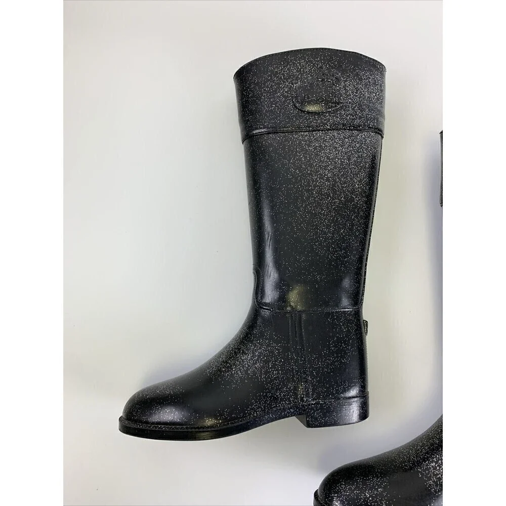 BOGO Hello Kitty Angelina Shimmer Rain Boots Black Glitter Pull On Knee High 6